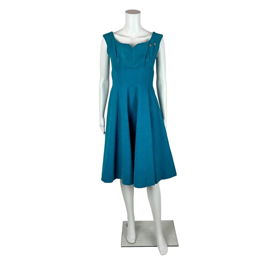 Vintage 50s Corduroy Dress Women's XXS Blue Bow Back Empire Bust Cocktail Fit & - Picture 1 of 10